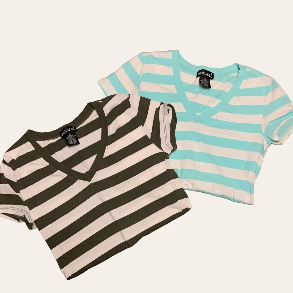 Women's Striped V-Neck Tops - Green and Blue